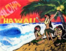 画像1: ハワイの絵画 Aloha Hula Girls （8" x 10"） by Drew Toonz (1)