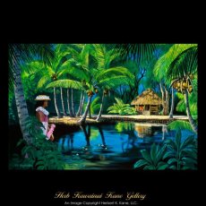 画像1: ジクレー版画 Tahitian Hut and Lei Girl (タヒチアン・ハット ＆ レイ・ガール) by Herb Kane (1)
