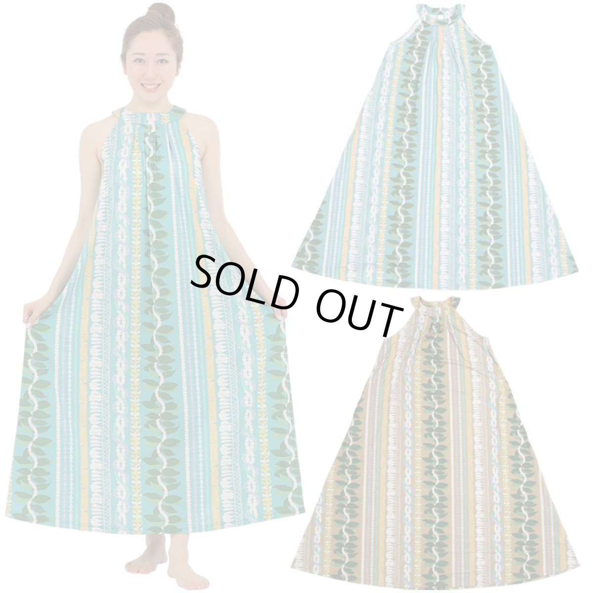 画像1: フラダンス 舞台衣装 ラウンドネック ロングドレス ポケット付き  ビーチナウパカ柄 (1)