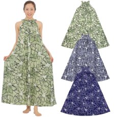 画像1: ナウパカプリント柄生地 フラダンス 舞台衣装 ラウンドネック ロングドレス ポケット付き  Naupaka柄 (1)