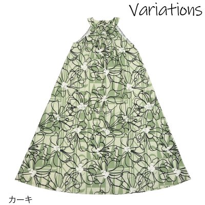 画像1: ナウパカプリント柄生地 フラダンス 舞台衣装 ラウンドネック ロングドレス ポケット付き Naupaka柄