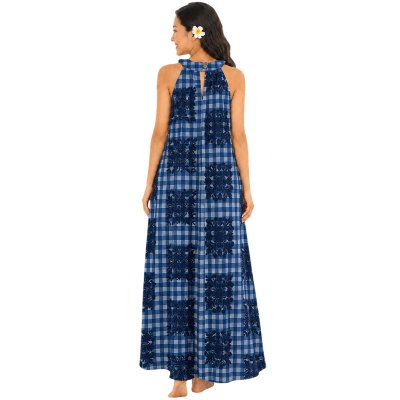 画像3: パラカチェックとキルト模様プリント柄生地 フラダンス 舞台衣装 ラウンドネック ロングドレス ポケット付き Pua ulu o Palaka柄 送料無料