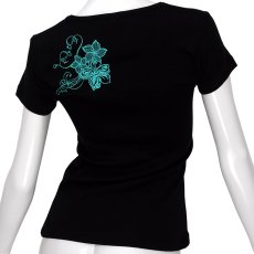 画像4: ハイビスカス＆プルメリア柄 6.2oz フライス 半袖 Ｔシャツ 黒地 グラデーション 白〜エメラルドグリーン プリント 半袖フライスTシャツ ネコポス送料無料 (4)