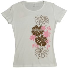 画像1: タヒチアンモンステラ柄 6.2oz フライス 半袖 Ｔシャツ 白地 モカ ピンク プリント ネコポス送料無料 (1)