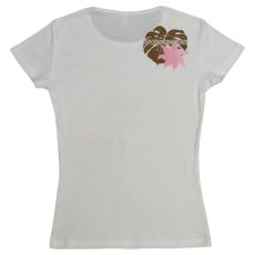画像2: タヒチアンモンステラ柄 6.2oz フライス 半袖 Ｔシャツ 白地 モカ ピンク プリント ネコポス送料無料 (2)