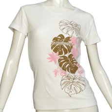 画像4: タヒチアンモンステラ柄 6.2oz フライス 半袖 Ｔシャツ 白地 モカ ピンク プリント ネコポス送料無料 (4)