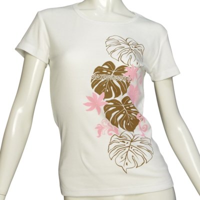 画像2: タヒチアンモンステラ柄 6.2oz フライス 半袖 Ｔシャツ 白地 モカ ピンク プリント ネコポス送料無料