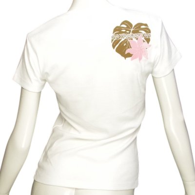 画像3: タヒチアンモンステラ柄 6.2oz フライス 半袖 Ｔシャツ 白地 モカ ピンク プリント ネコポス送料無料