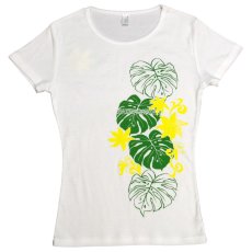 画像1: タヒチアンモンステラ柄 6.2oz フライス 半袖 Ｔシャツ 白地 緑 黄色 プリント (1)