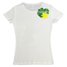 画像2: タヒチアンモンステラ柄 6.2oz フライス 半袖 Ｔシャツ 白地 緑 黄色 プリント (2)