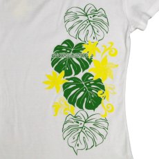 画像6: タヒチアンモンステラ柄 6.2oz フライス 半袖 Ｔシャツ 白地 緑 黄色 プリント (6)