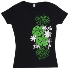 画像1: タヒチアンモンステラ柄 6.2oz フライス 半袖 Ｔシャツ 黒地 緑 白 プリント ネコポス送料無料 (1)