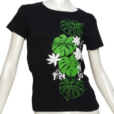 画像4: タヒチアンモンステラ柄 6.2oz フライス 半袖 Ｔシャツ 黒地 緑 白 プリント ネコポス送料無料 (4)