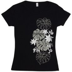 画像1: タヒチアンモンステラ柄 6.2oz フライス 半袖 Ｔシャツ 黒地 グレー 白 プリント ネコポス送料無料 (1)