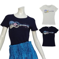 画像1: ウクレレ柄 6.2oz フライス 半袖 Ｔシャツ 白地 紺地 ネコポス送料無料 (1)