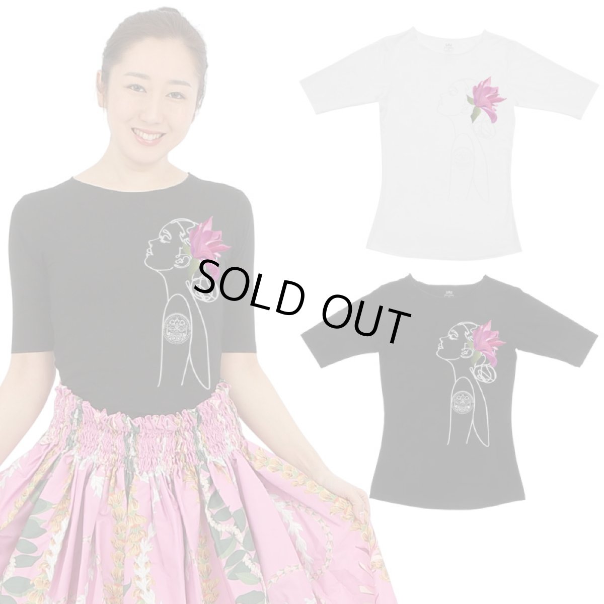 画像1: マグノリアガール柄モダール レーヨン スリムフィット 5分袖 Tシャツ 白 黒 ネコポス送料無料 (1)