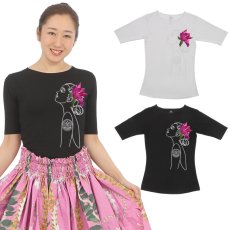 画像1: マグノリアガール柄モダール レーヨン スリムフィット 5分袖 Tシャツ 白 黒 ネコポス送料無料 (1)