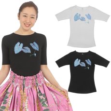 画像1: カロ(ブルー)柄モダール レーヨン スリムフィット 5分袖 Tシャツ カロ(ブルー)柄 白 黒 ネコポス送料無料 (1)