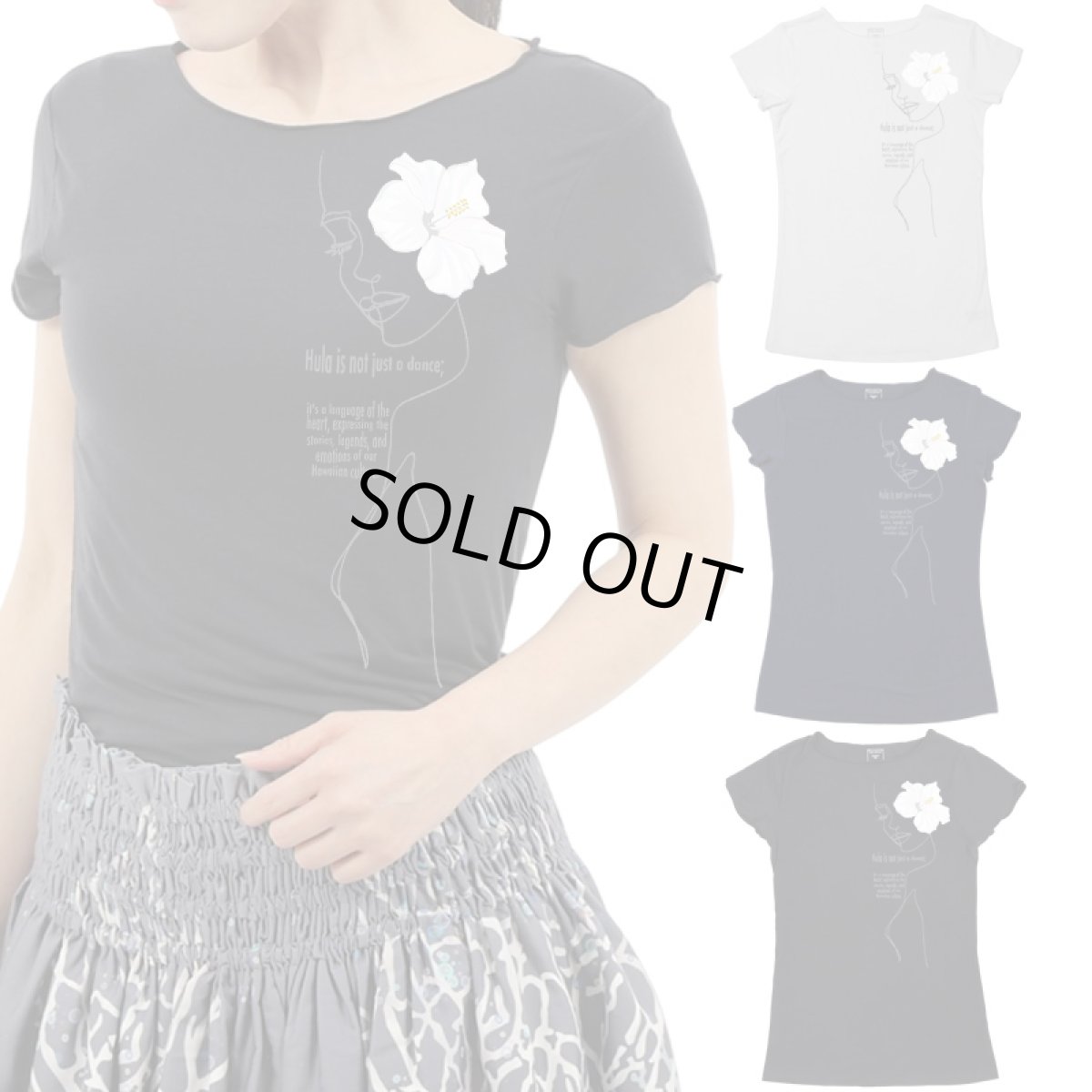画像1: ALOALO 白ハイビスカスガール柄 プリント 半袖 Tシャツ｜モダール レーヨン フレンチスリーブ (1)