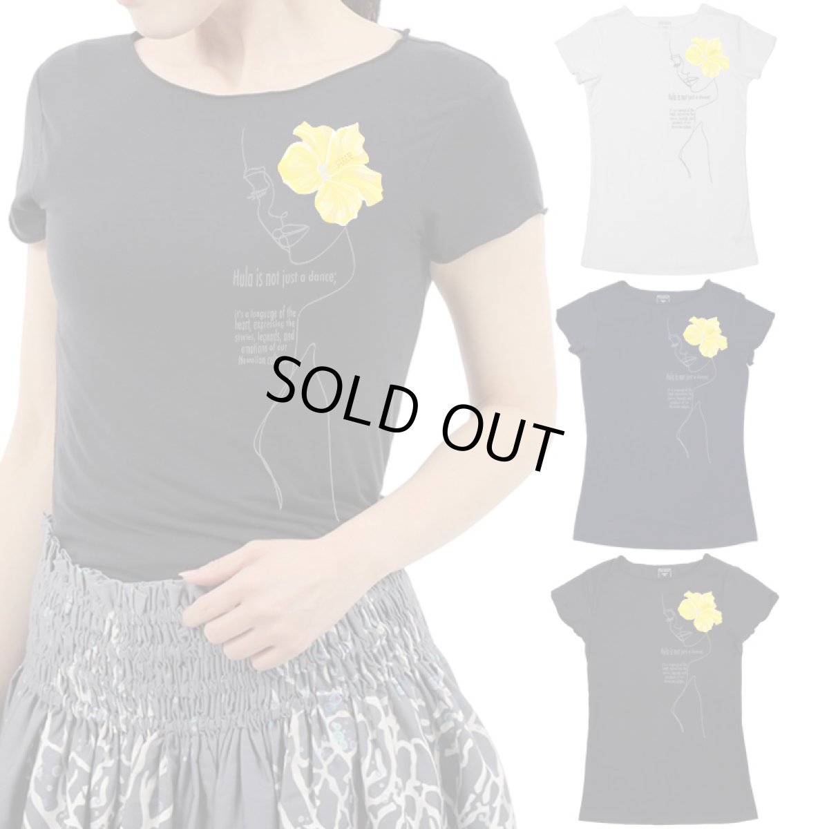 画像1: ALOALO 黄色ハイビスカスガール柄 プリント 半袖 Tシャツ｜モダール レーヨン フレンチスリーブ (1)